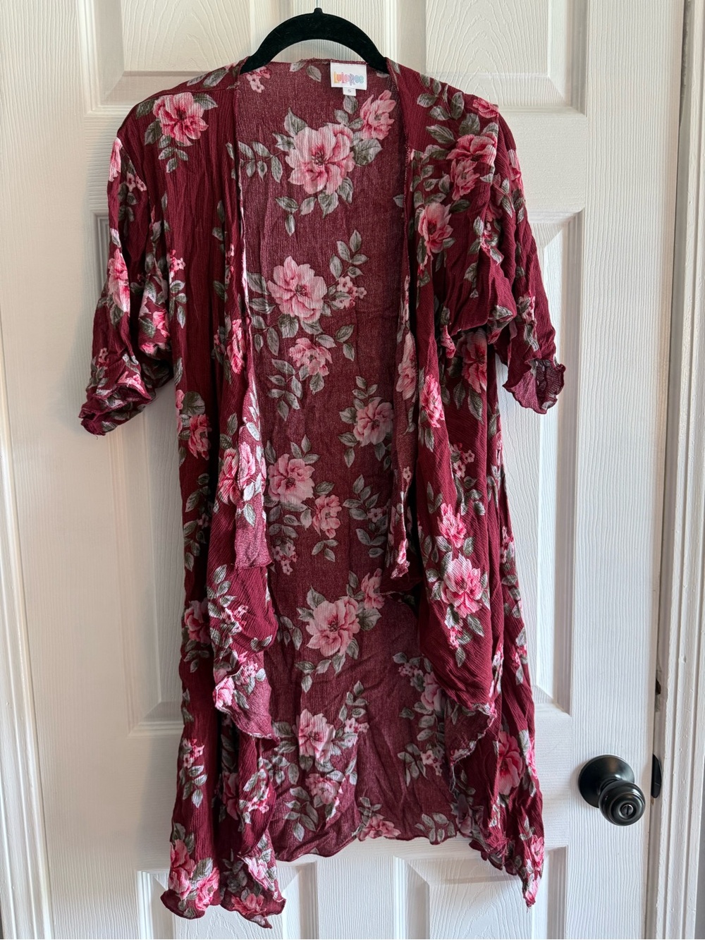 LuLaRoe Burgundy Floral Asymmetrical Open-Front kimono